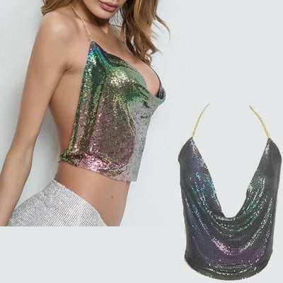 Metallic Deep V Backless Party Top