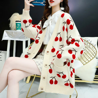 Cherry Print Pocketed Loose Cardigan