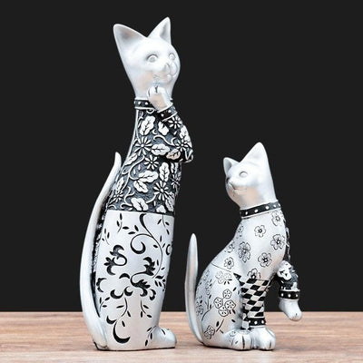 Black and White Floral Siamese Cat Figurine