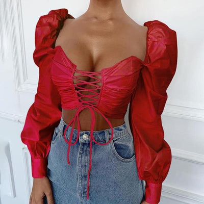 Cropped Bandage Blouse with Puff Sleeves