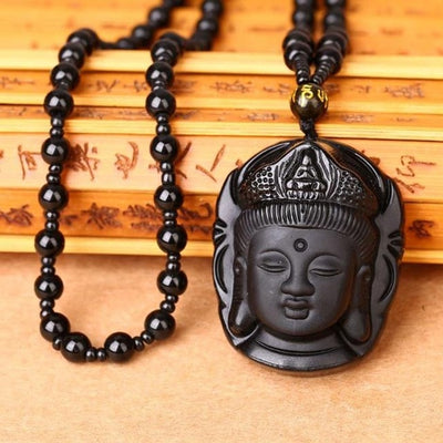 Black Obsidian Hand-carved Buddha Necklace