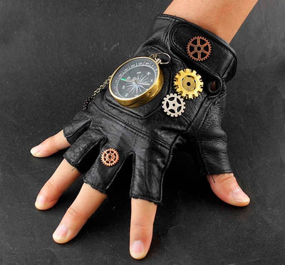 Steampunk Compass Gears Fingerless Leather Gloves