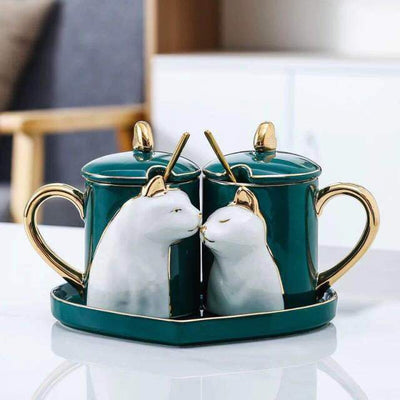 Green and Gold Cat Lover's Mug and Platter Set
