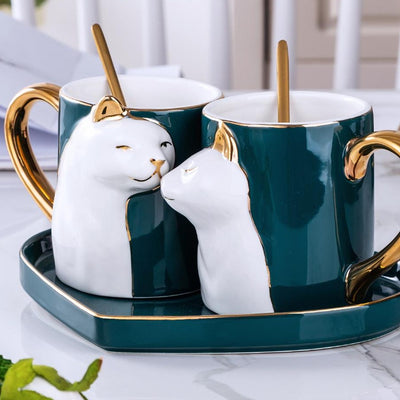 Green and Gold Cat Lover's Mug and Platter Set